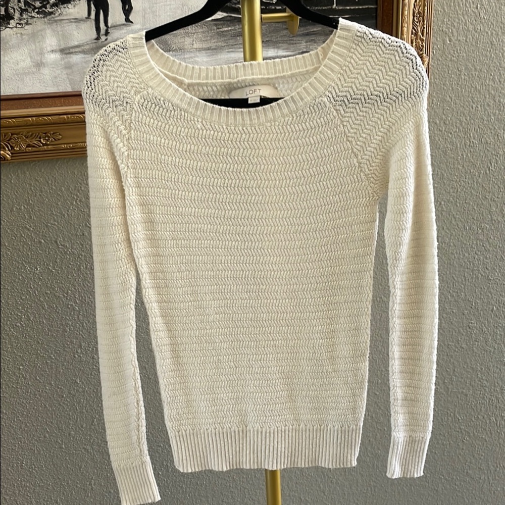 LOFT White Crew Neck Sweater with Open-Knit Pattern XS